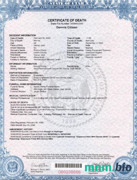 USA state Utah śmierć certyfikat szablon w formacie PSD